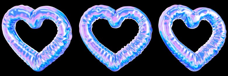 set of three stickers for valentine's day. 3d render of the heart shape. holographic texture heart. illustration isolated on a transparent background.	