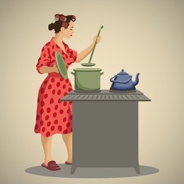 young woman housewife dressed in vintage morning gown cooking and tasting food in kitchen retro style vector illustration