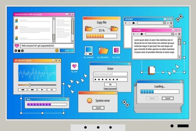 the screen of an old retro pc in the y2k style. retro wave and vaporwave background. bright vintage computer interface
