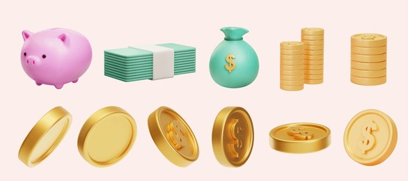 3d cartoon money element set isolated on pale pink background. including piggy bank, cash bills, money bag, stacks of coins, and coins in different angles.