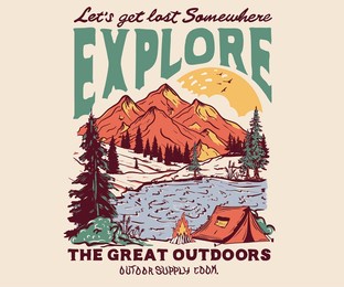 outdoor at the mountain retro print design for t shirt and others. camping beside of lake graphic artwork. explore more print design.