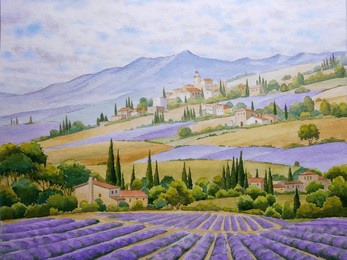 hand drawn watercolor painting of beautiful lavender fields. landscape painting with purple flowers, lavender rows, farm house, trees, grassland, farm field, village, hills, mountain and bright day 