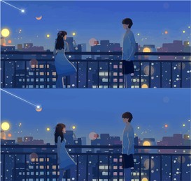 a boy and girl are spending time alone and talking in city balcony