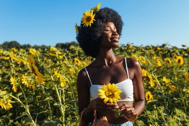 beautiful black woman with curly afro style hair in a sunflowers field