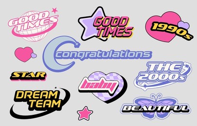 90s object design in pop and y2k style with emoji, star,heart