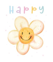 cute happy smiley daisy flower watercolor hand painting illustration for greeting card idea.