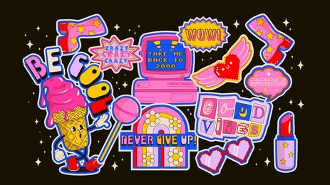  set of the bright colored positive good vibes and motivational quotes and sayings with retro 90s hippie elements isolated on black background. vector illustration