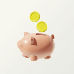 3d piggy bank with coin isolated on white background.