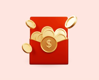 red envelope with coins 3d illustration