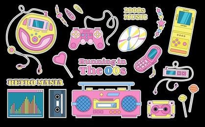 y2k vector stickers and labels with retro old style objects, music players, gamepads, mobile phone, cassettes, hobby items.
