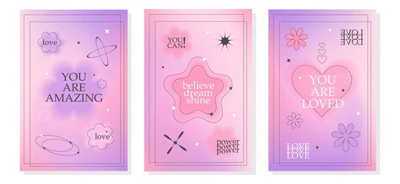 y2k gradient unfocused set of motivational posters. blurred gradient background with geometric shapes and phrases.