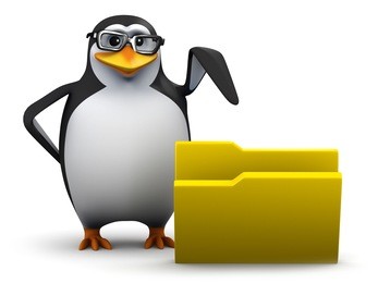 3d render of a penguin pointing at an empty folder.
