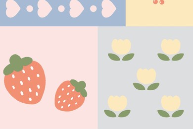 various flowers, fruits, leaves, strawberries, beautiful