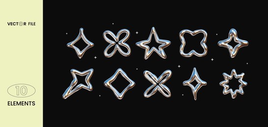 vector illustration - set of chrome y2k elements. trendy shapes with  glossy liquid metal effect. great for your design web or print projects.
