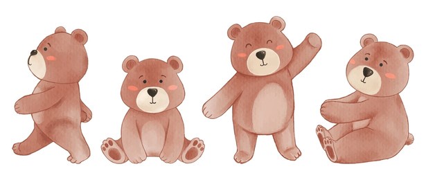 bear . watercolor painting design . set of cute animal cartoon character . vector .