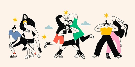 groups of happy people set. friends or coworkers are standing, posing together, looking at camera. cartoon characters. community, friendship, teamwork concept. hand drawn colorful vector illustration