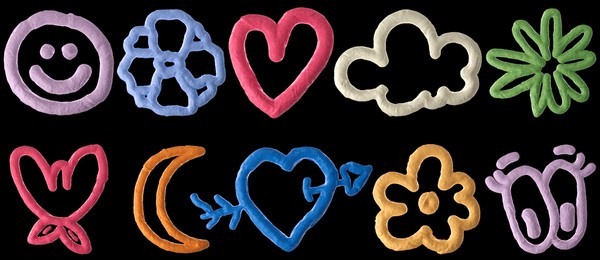 3d rendering illustration. set of groovy clay stickers. elements with the plasticine effect. flowers, eyes, heart, cloud, smile, moon.	