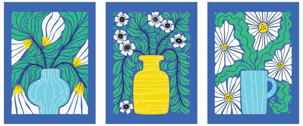 set of paintings with plants and flowers in a vase. flat vector illustration, eps10