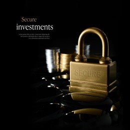 concept image for secure financial planning. creatively lit, stacked generic gold and silver coins representing client investment or savings with a gold padlock representing security. copy space.