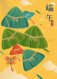 dragon boat festival poster. illustrated strings of zongzi and butterfly ornament swaying in the breeze on yellow sky background. text: duanwu holiday.