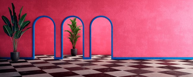 pink empty wall in luxury home with painted concrete walls, floor tiles, arch and tropical plants. interior design room with vibrant and bold colors. modern minimal architecture concept. 3d render