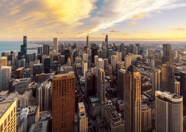 chicago building city view from observation deck high level with sunset sky, cityscape of michihan, usa, united states of america