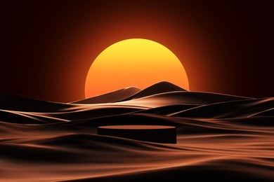 podium product display sunset in desert landscape dark black sky the reddish-orange sun falls on waves of sand dunes. cause mysterious atmosphere. pedestal cosmetic products, fashion. 3d illustration.