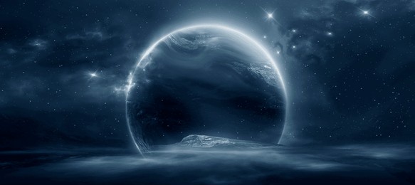 futuristic fantasy landscape, sci-fi landscape with planet, neon light, cold planet. galaxy, unknown planet. dark natural scene with light reflection in water. neon space galaxy portal. 3d 