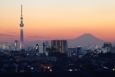 beautiful tokyo sunset with two japan landmark , tokyo sky tree and mountain fuji