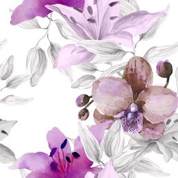 watercolor floral seamless pattern with orchid flowers on white background