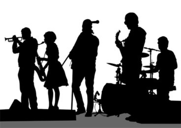 group and singer of rock band on white background