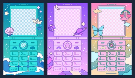 cute old flip phone backgrounds set. kawaii stories templates. social media frames set. 2000s aesthetic, nostalgia vector design, y2k girly style