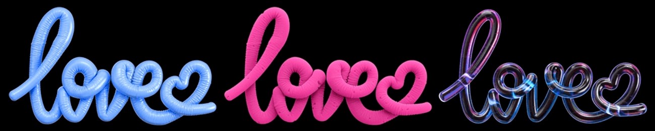 set with the words love. colorful text with the holographic, inflatable and foam rubber effects. valentines day concept. 3d rendering illustration.	