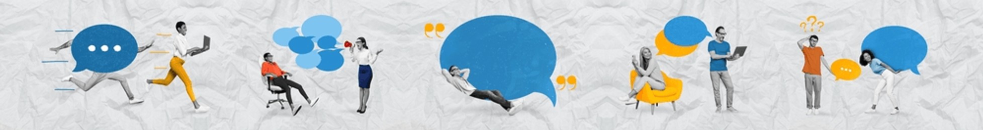 panorama minimal collection template collage of young people communicating messages chatterbox announcement isolated on gray color background