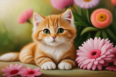 oil painting, beautiful kitten in  a garden.