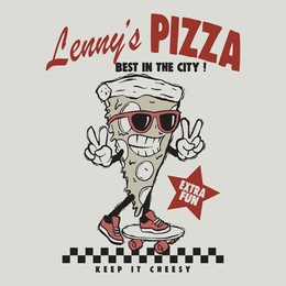 vector illustration of cartoon pizza skateboard and typography elements. for boys t-shirt.