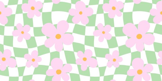 trendy floral seamless pattern illustration. vintage 70s style hippie flower background design. geometric pastel color checkered artwork, y2k nature backdrop with daisy flowers.