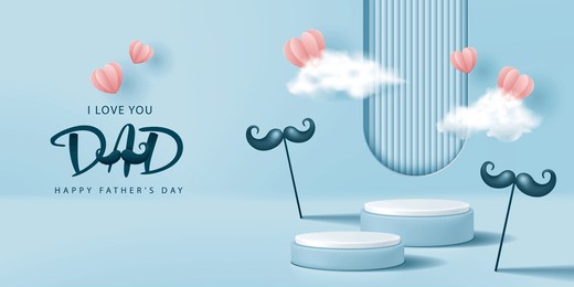 father's day banner for product demonstration. blue pedestal or podium with mustache, cloud and flying hearts on blue background.