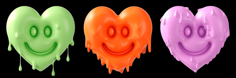 set of groovy colorful hearts sticker. dripping elements with the plasticine effect. valentine's day concept. 3d rendering illustration.	