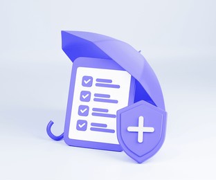 3d business insurance concept. policy guarantee business. 3d render illustration with check marks, umbrella, shield and checklist. health insurance, healthcare and medical service. 3d rendering