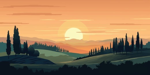 enchanting tuscan sunrise  vector landscape with pines and cypresses