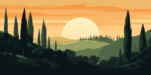 sunrise over italian hillside  vector landscape with cypress and pine trees