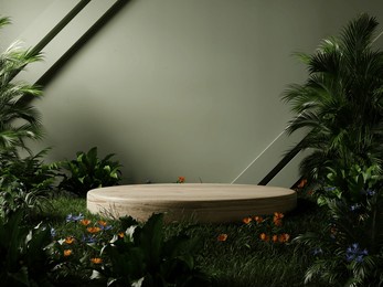 wooden podium in tropical forest for product presentation and dark green wall.3d rendering