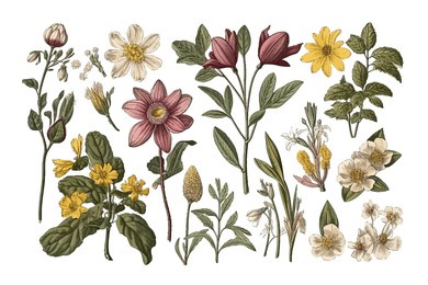 spring flowers, vintage drawings set, isolated on background. cartoon vector illustration