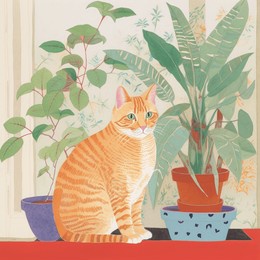 the yellow cat besides plants 
