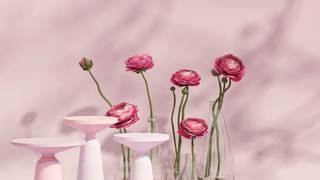 3d podium display, pastel pink background with rose flowers. pink flower and glass vase. minimal pedestal for beauty, cosmetic product. valentine, holiday, feminine copy space template 3d render	