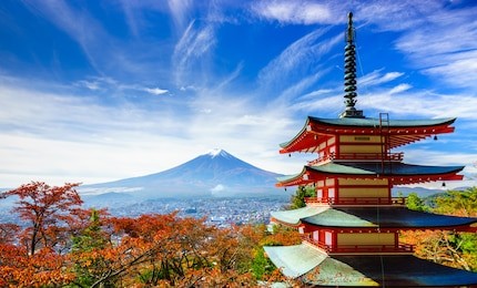 mt. fuji with red pagoda in autumn, fujiyoshida, japan