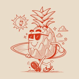 pineapple character, retro mascot character, summer illustration