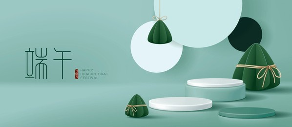 dragon boat festival banner for product demonstration. green pedestal or podium with sticky rice dumplings on green background. translation: dragon boat festival and may 5.