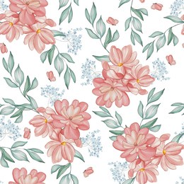 floral seamless pattern, pink flowers, and green  leaves,  for textile and paper design, watercolor hand-drawn illustration